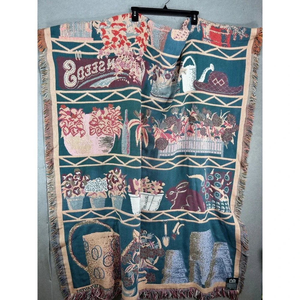 Vintage Goodwin Weavers Garden Tapestry Throw Blanket Cotton Fringed USA Made